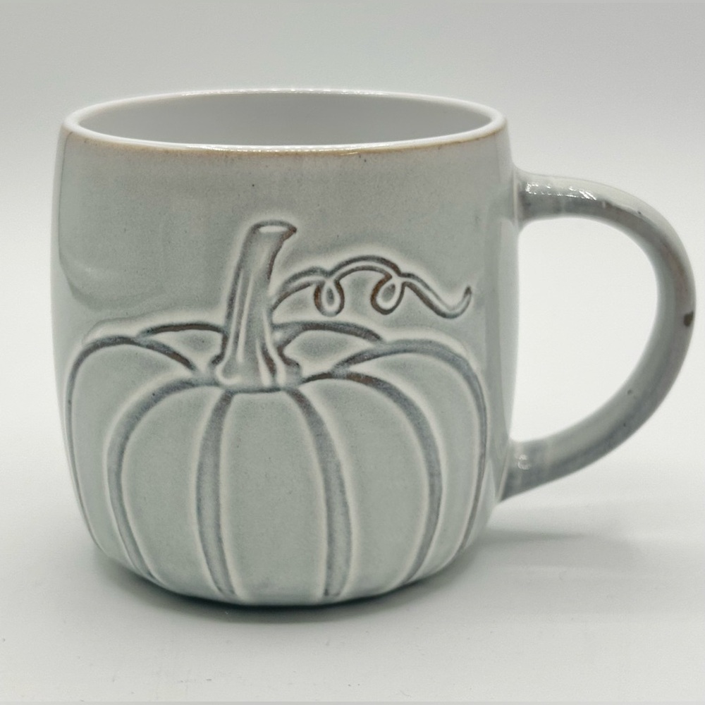 Boston Warehouse Pumpkin Fall Mug Cup Ceramic White Wash Grey 14 oz New